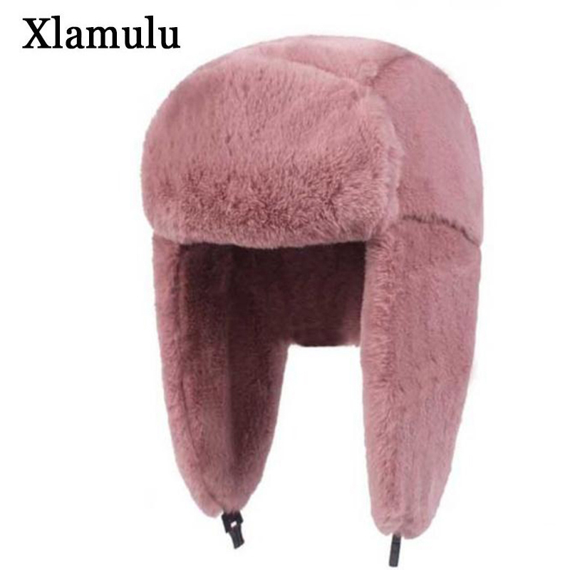 모피 모자 여성 폭탄 모자 핑크 겨울 모자 사랑스러운 여성 두꺼운 따뜻한 솔리드 소프트 Windproof 귀 플랩 Ushanka Beanies Hat